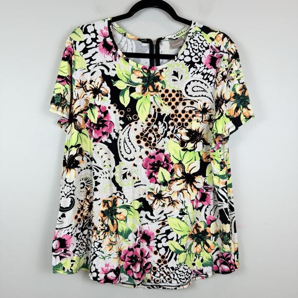 Chicos Top Women 3 US XL Multi Floral Blouse Colorful Stretchy Bloomcore Mature - Picture 1 of 8